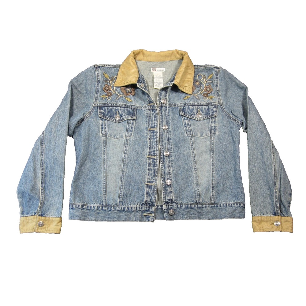 Vtg Faded Glory Denim Jacket XL Blue Embroidered Faux Suede Collar Cuff Y2K Boho